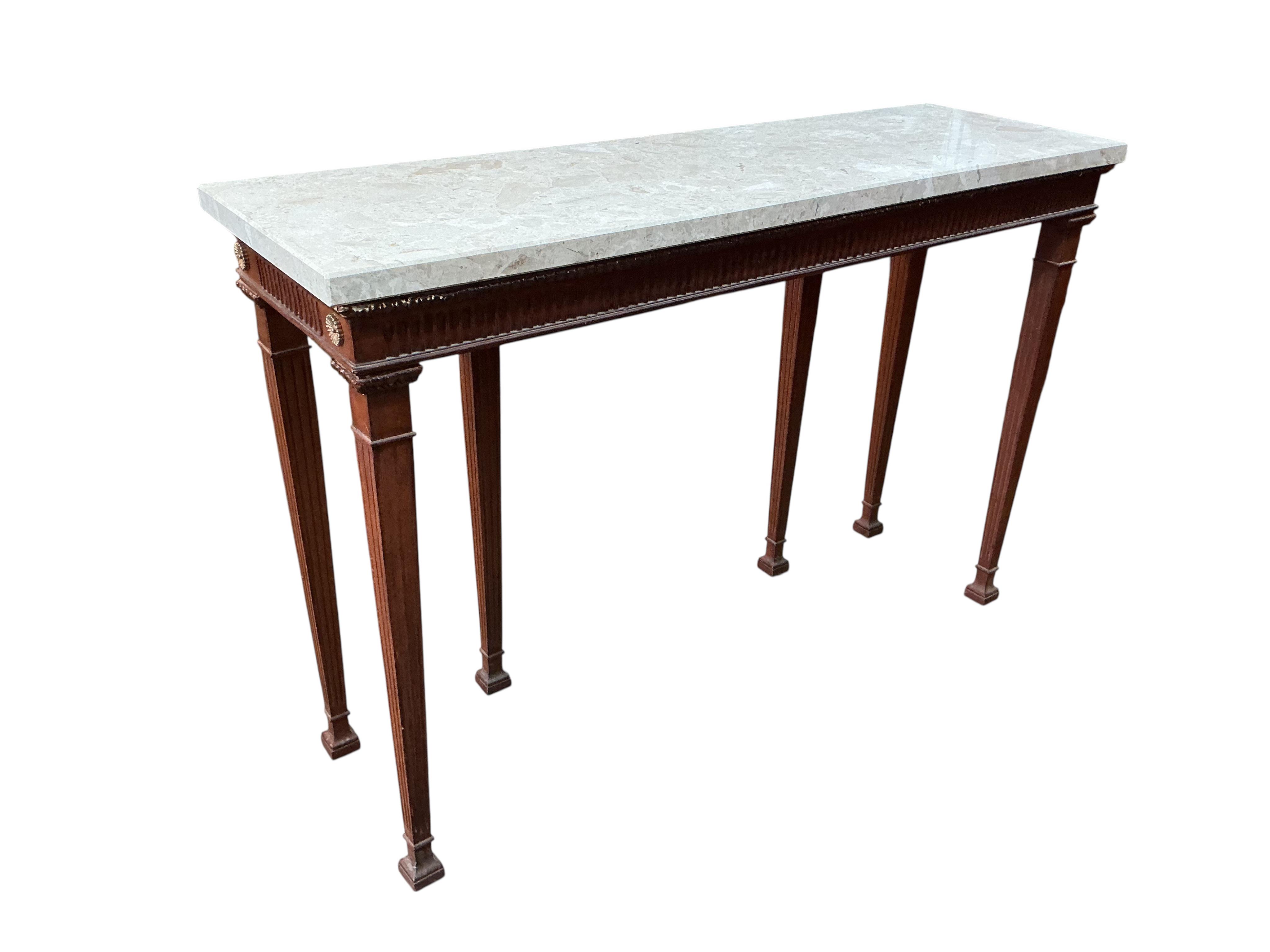 A George III style marble top console table, width 121cm, depth 38cm, height 81cm